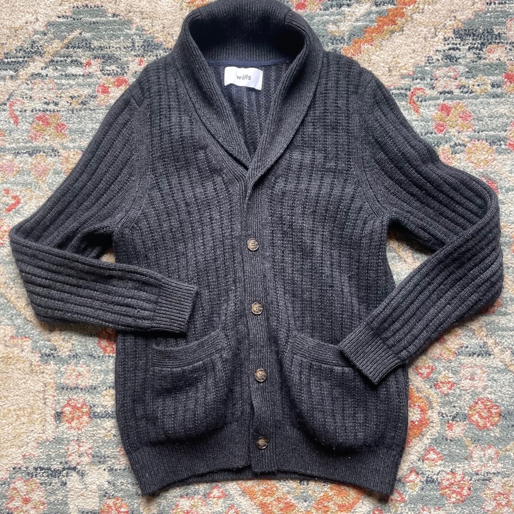 Wills Cashmere Shawl Collar Cardigan Size Large in color smoke